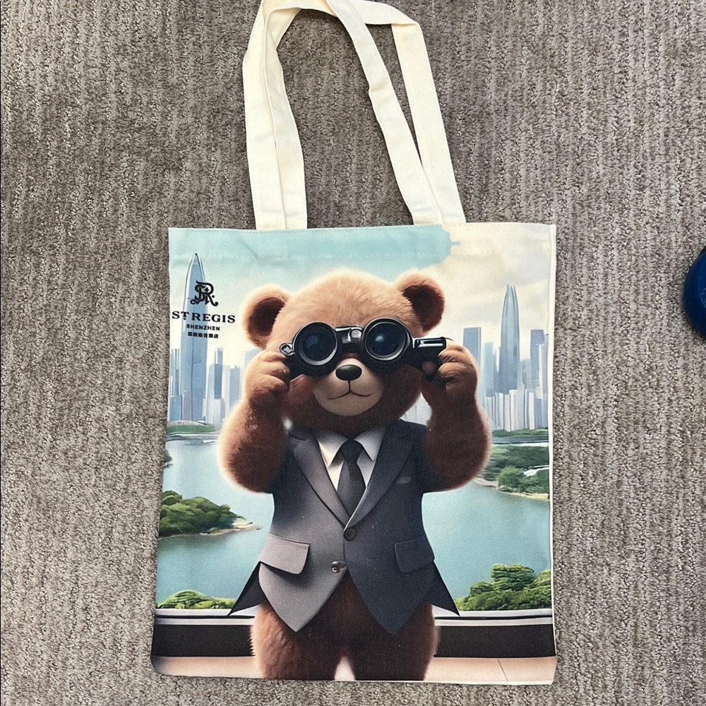 Bear Print Canvas Tote Bag in Cream